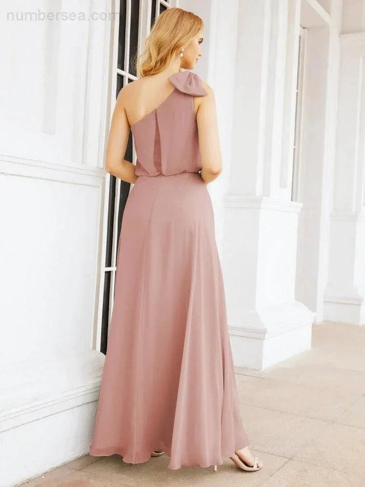 Numbersea Chiffon Ruffled One Shoulder Sleeveless Long Bride Dresses A-line Formal Evening Gown Side Split 28057 by numbersea