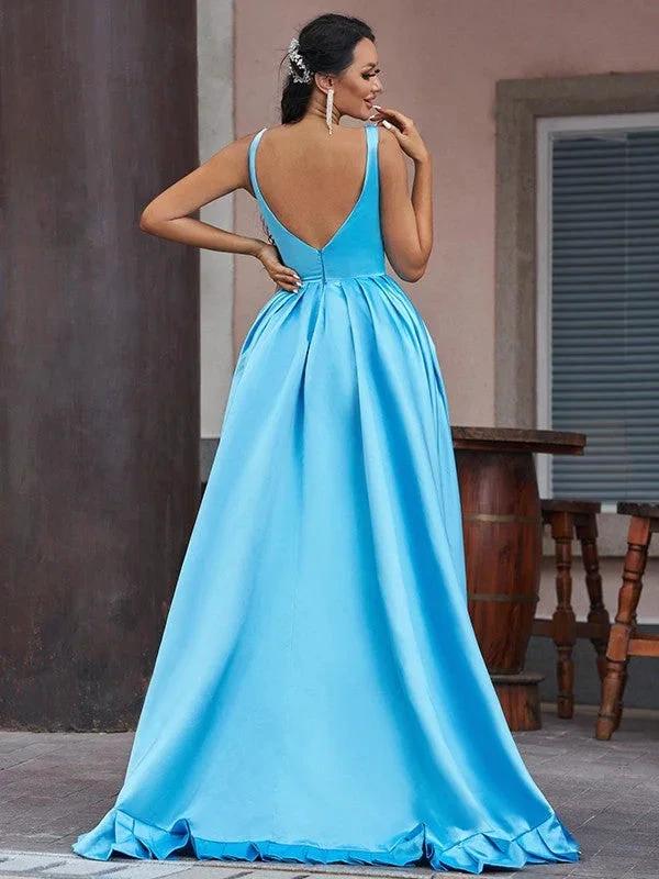 Hi-Lo Sapphire Serenity V-Neck Sleeveless A-Line Evening Gown by BIZTUNNEL