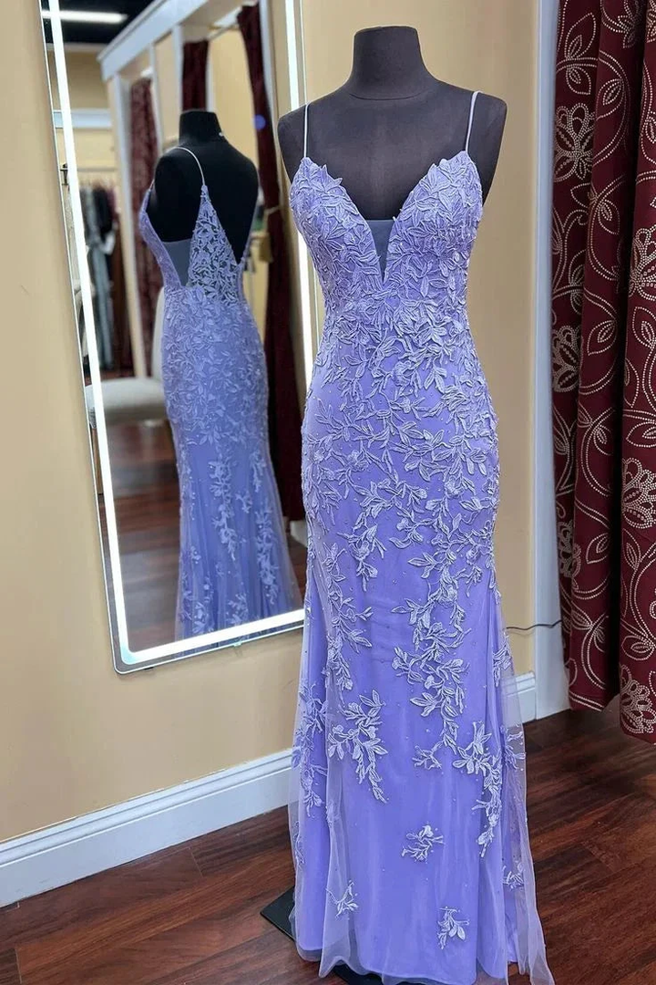 Lilac lace evening gown with floral embroidery on mannequin, ZAPDRESS boutique