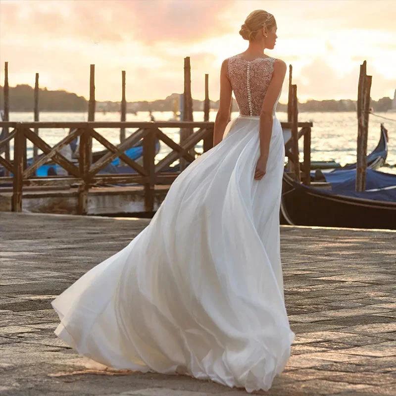 Chiffon V-Neck Wedding Dresses Sleeveless Elegant Lace Applqiues Boho A-Line Bride Gowns For Women Vestidos De Novia by payinti