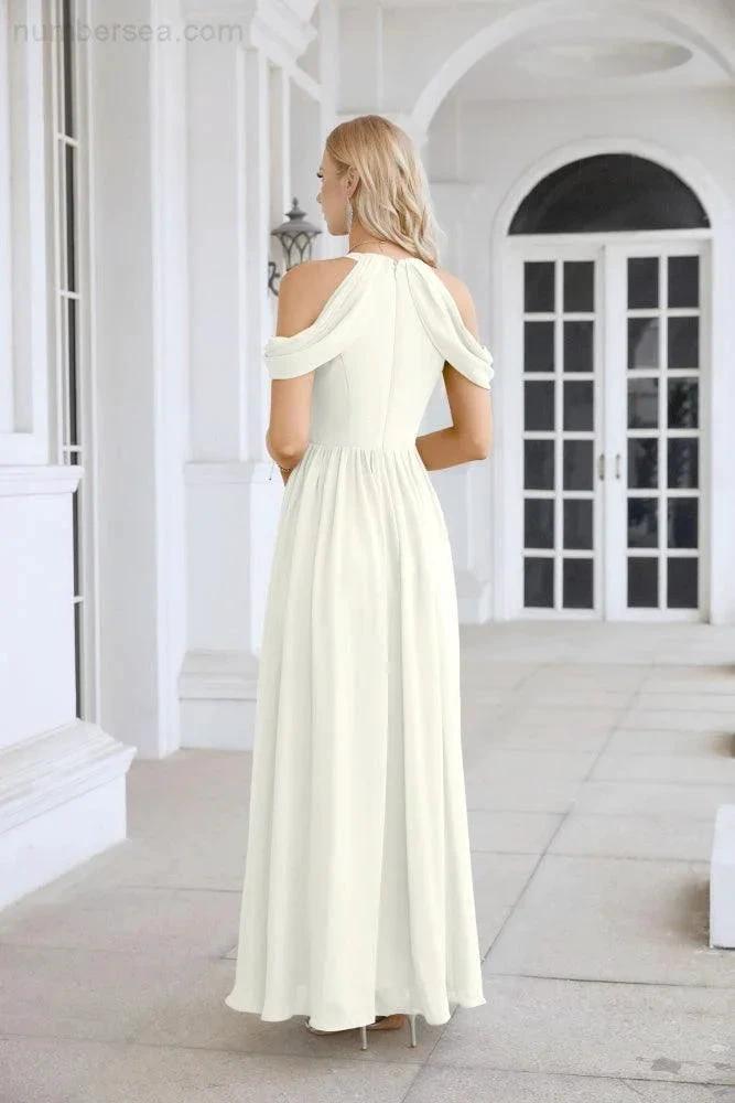 Ladies Chiffon Off Shoulder Swing Sleeve Front Slit Bridesmaid Evening Dress Wedding Party Evening Dress 28117 by numbersea