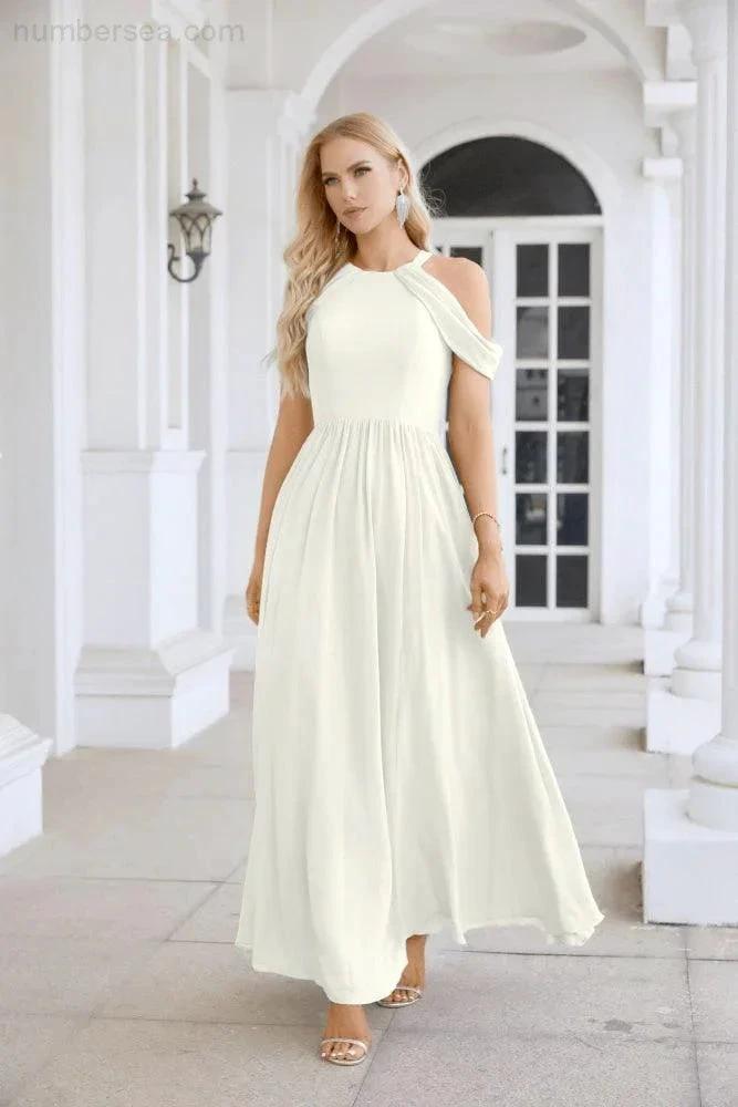 Ladies Chiffon Off Shoulder Swing Sleeve Front Slit Bridesmaid Evening Dress Wedding Party Evening Dress 28117 by numbersea