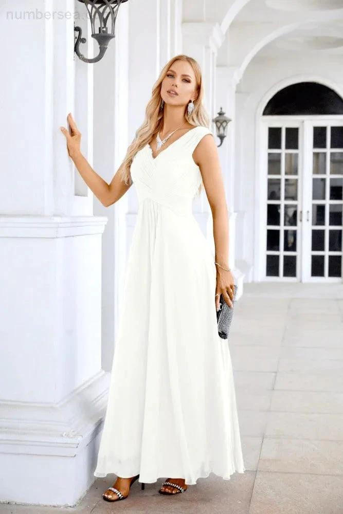 Ladies Chiffon V Neck Sleeveless Floor Length Bridesmaid Evening Dress Wedding Party Evening Dress 28126 by numbersea