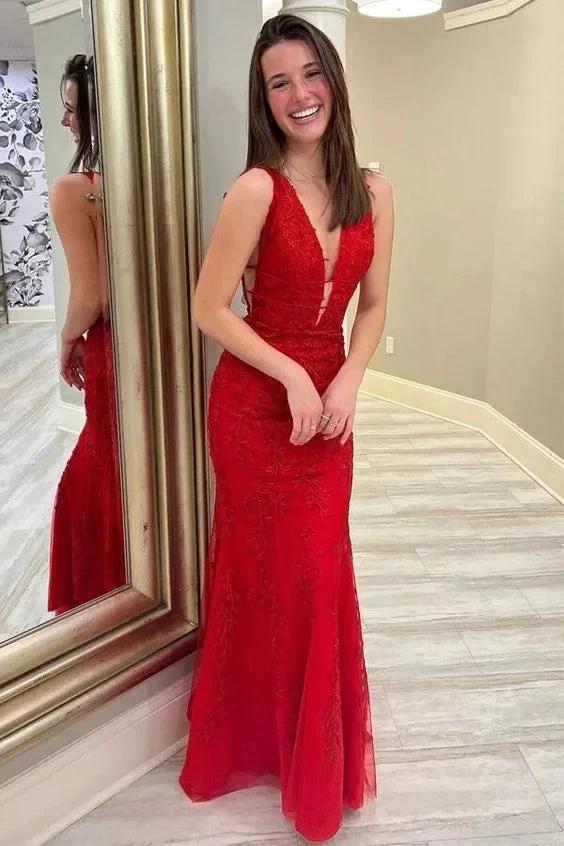 Red Lace Appliques Mermaid Deep V Neck Long Prom Dresses, Evening Dress Y369 by simplepromdress