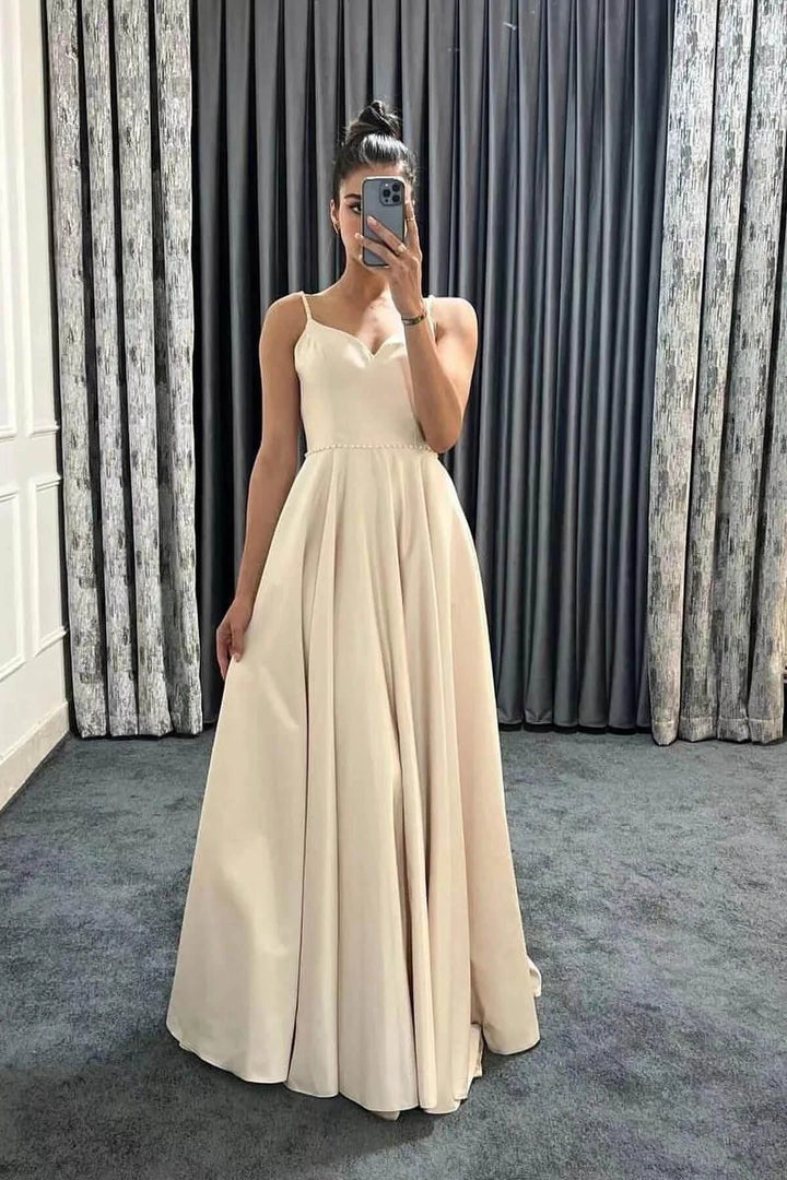 Long A-line Spaghetti Straps V-Neck Sleeveless Prom Dresses with Pockets by BIZTUNNEL