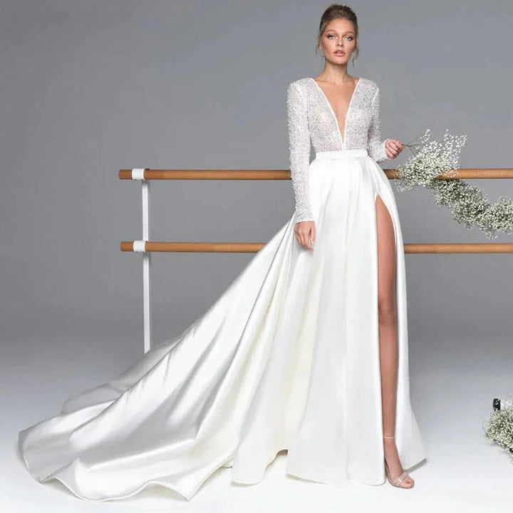 Luxury Long Sleeve Satin Wedding Dress Deep V-Neck Side Split Bridal Party Gown vestido de novia Sweep Train 2023 by payinti