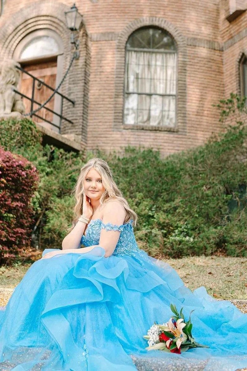 Blue Off the Shoulder Ruffle Tiered Tulle Long Prom Dresses with Appliques by Kissprom