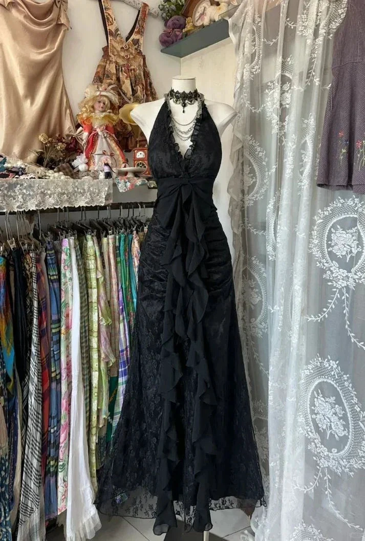 Vintage V Neck Black Chiffon Lace Evening Dress Long Prom Dress Y7813 by simplepromdress