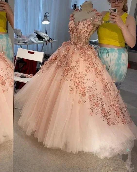 Blush Pink Flowers Applique Ball Gown,A Line Tulle Prom Dresses,Quinceanera Dresses Y388 by simplepromdress