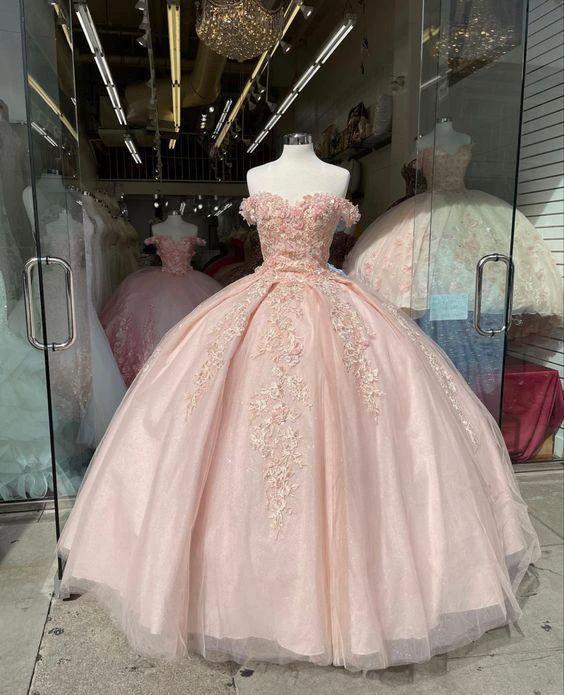 Off The Shoulder Pink Quinceanera Dresses Lace Applique Sweet 16 Dress Ball Gown Y395 by simplepromdress
