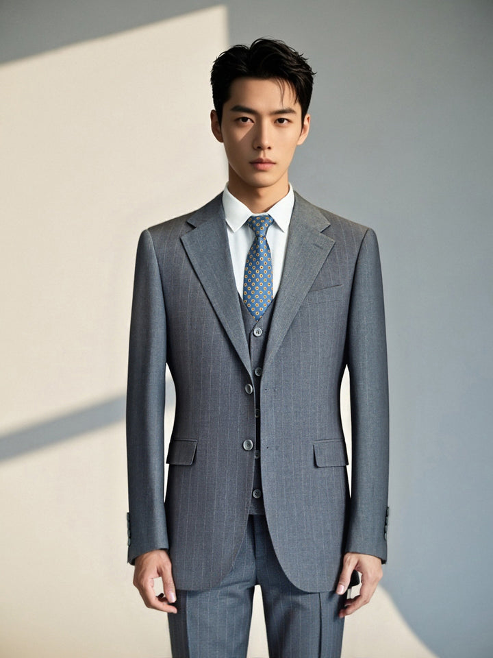 Three-Piece Subtle Pinstripe Grey Wool Suit | Tailored Formal Groom &amp; Business Suit by 男装