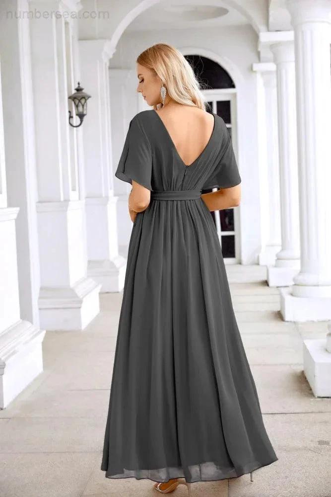 Ladies Chiffon Sleeve Crew Neck Front Slit Floor Length Bridesmaid Evening Dress Wedding Party Evening Dress 28124 by numbersea