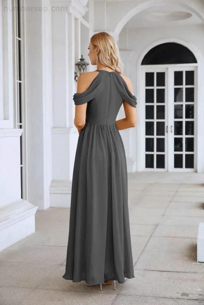 Ladies Chiffon Off Shoulder Swing Sleeve Front Slit Bridesmaid Evening Dress Wedding Party Evening Dress 28117 by numbersea