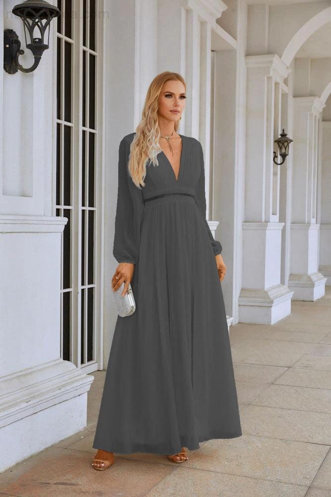 Ladies V Neck Chiffon Long Sleeve Front Slit Bridesmaid Evening Dress Wedding Party Shopping Evening Dress 28109 by numbersea