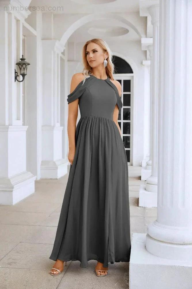 Ladies Chiffon Off Shoulder Swing Sleeve Front Slit Bridesmaid Evening Dress Wedding Party Evening Dress 28117 by numbersea