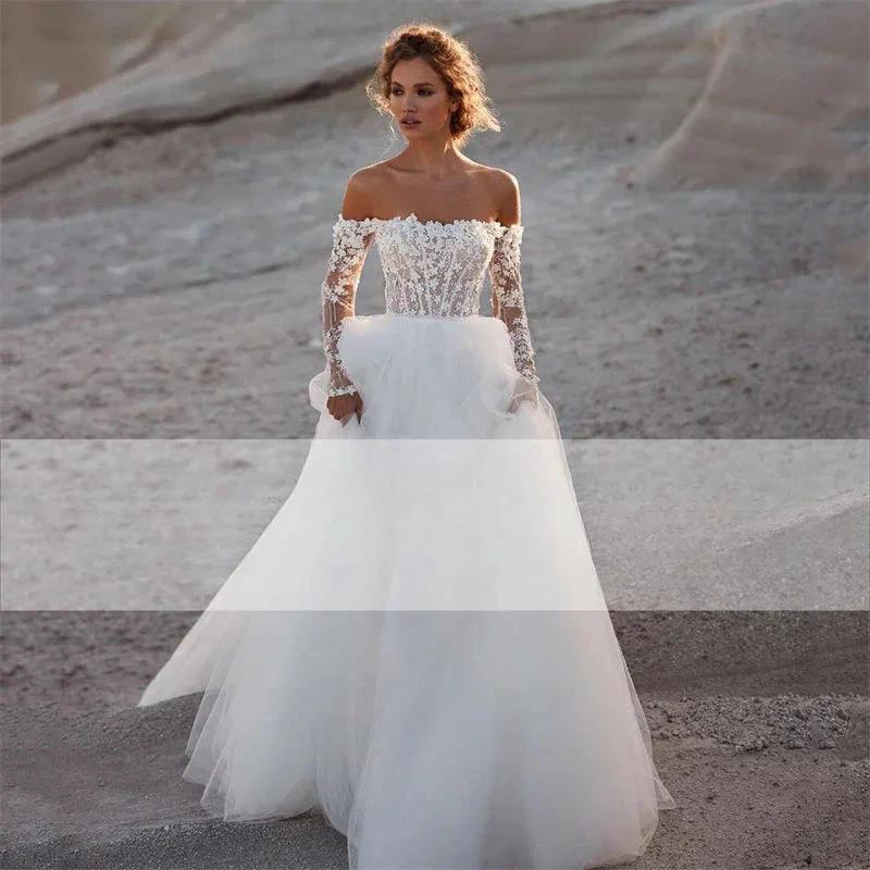 Elegant A-Line Wedding Dress 2023 Women Lace Open Back Strapless Long Detachable Sleeve Bridal Gown Sweep Train Vestido De Noiva by payinti