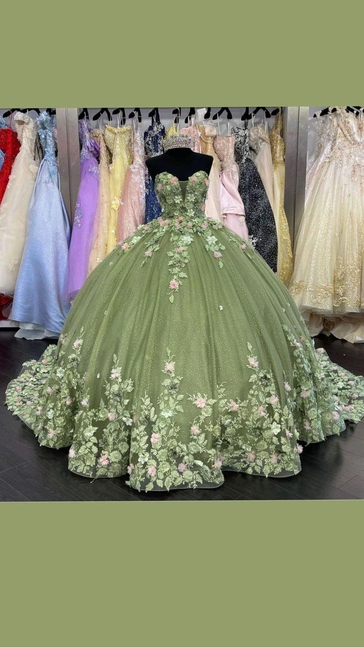 Green Quinceanera Dresses Princess Ball Gown Appliques 3D Flowers Party Sweet 15 Y121 by simplepromdress