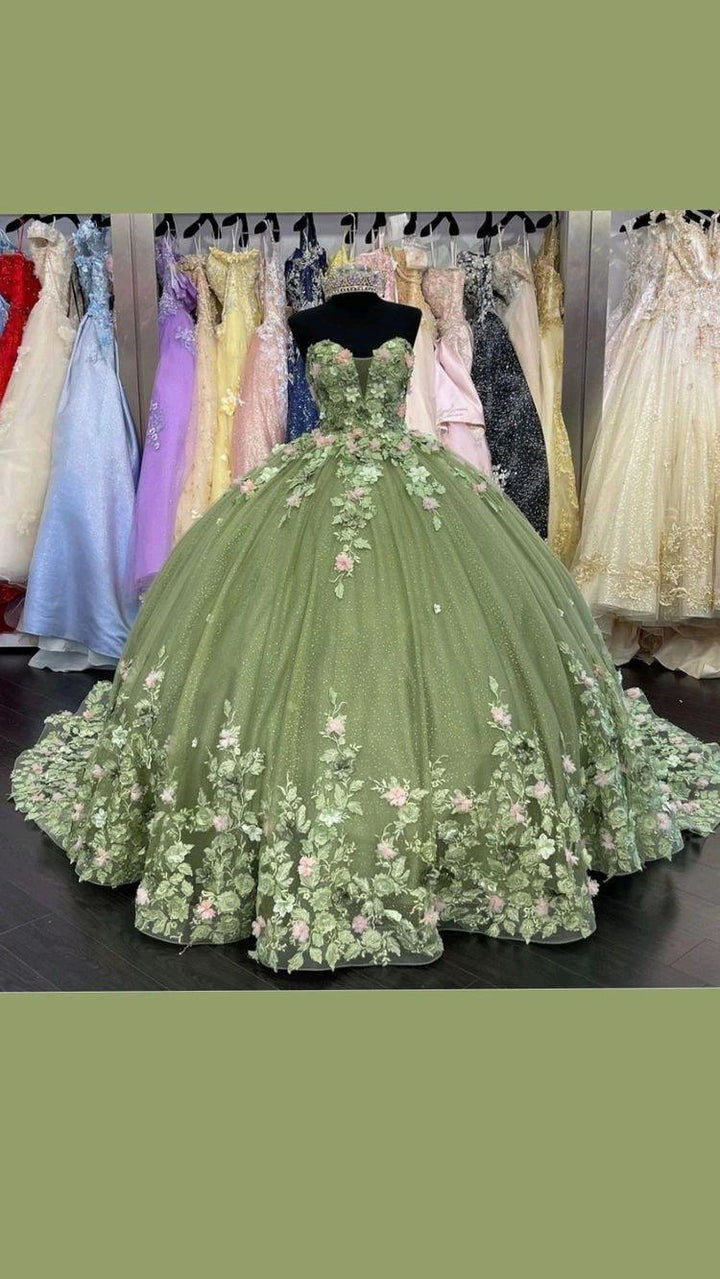Green Quinceanera Dresses Princess Ball Gown Appliques 3D Flowers Party Sweet 15 Y121 by simplepromdress
