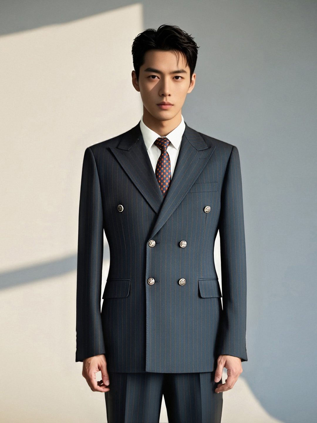 Double-Breasted Navy Pinstripe Wool Suit | Tailored Formal Groom &amp; Business Suit by 男装