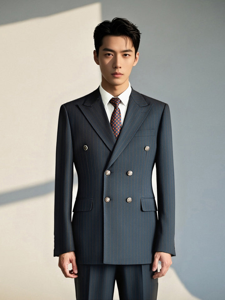 Double-Breasted Navy Pinstripe Wool Suit | Tailored Formal Groom &amp; Business Suit by 男装