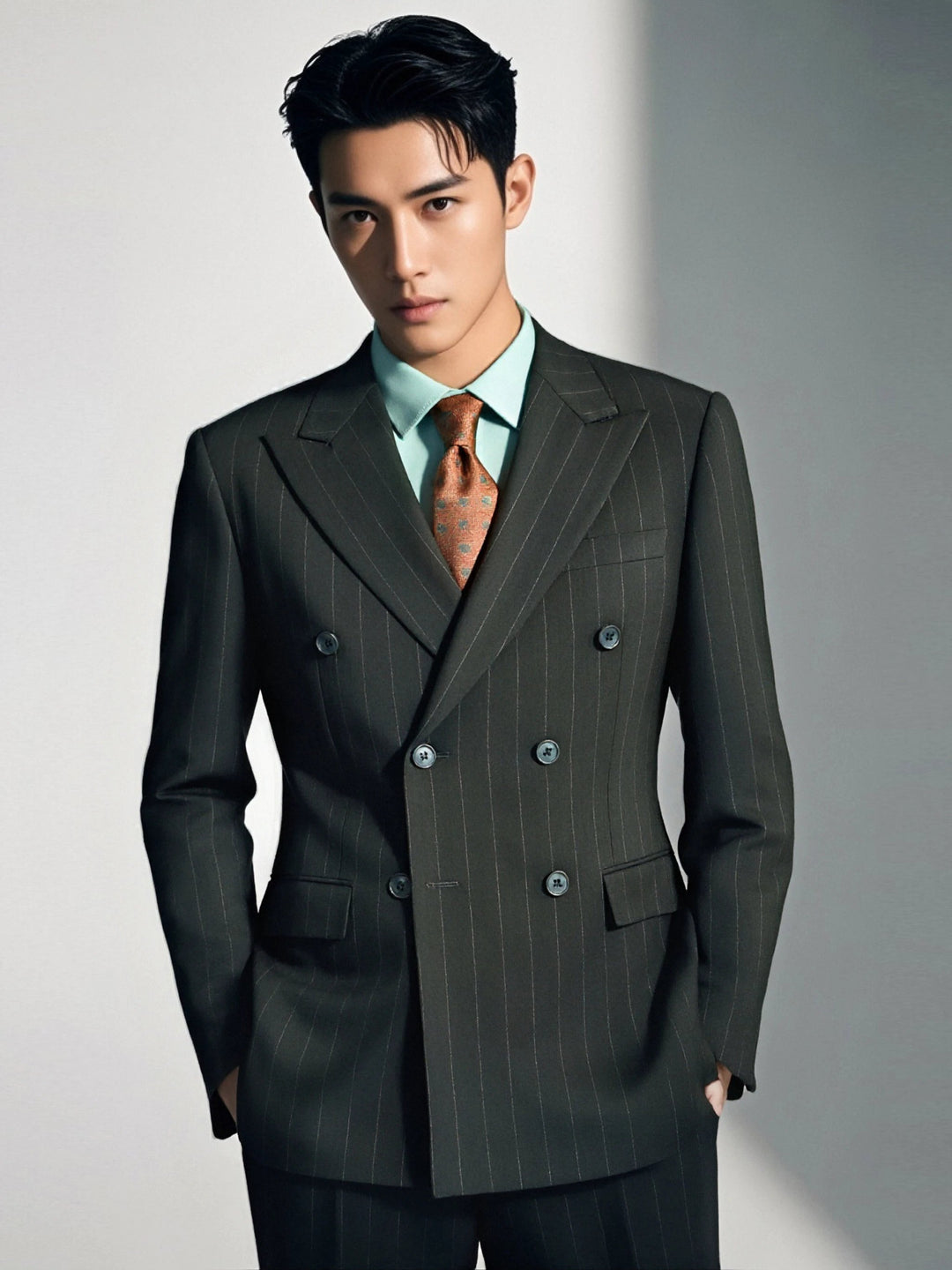Double-Breasted Charcoal Pinstripe Wool Suit | Tailored Formal Groom &amp; Business Suit by 男装