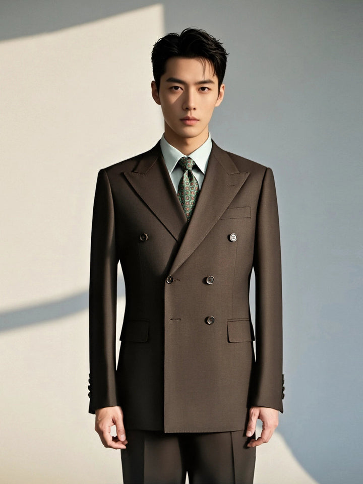 Double-Breasted Dark Brown Wool Suit | Tailored Formal Groom &amp; Business Suit by 男装