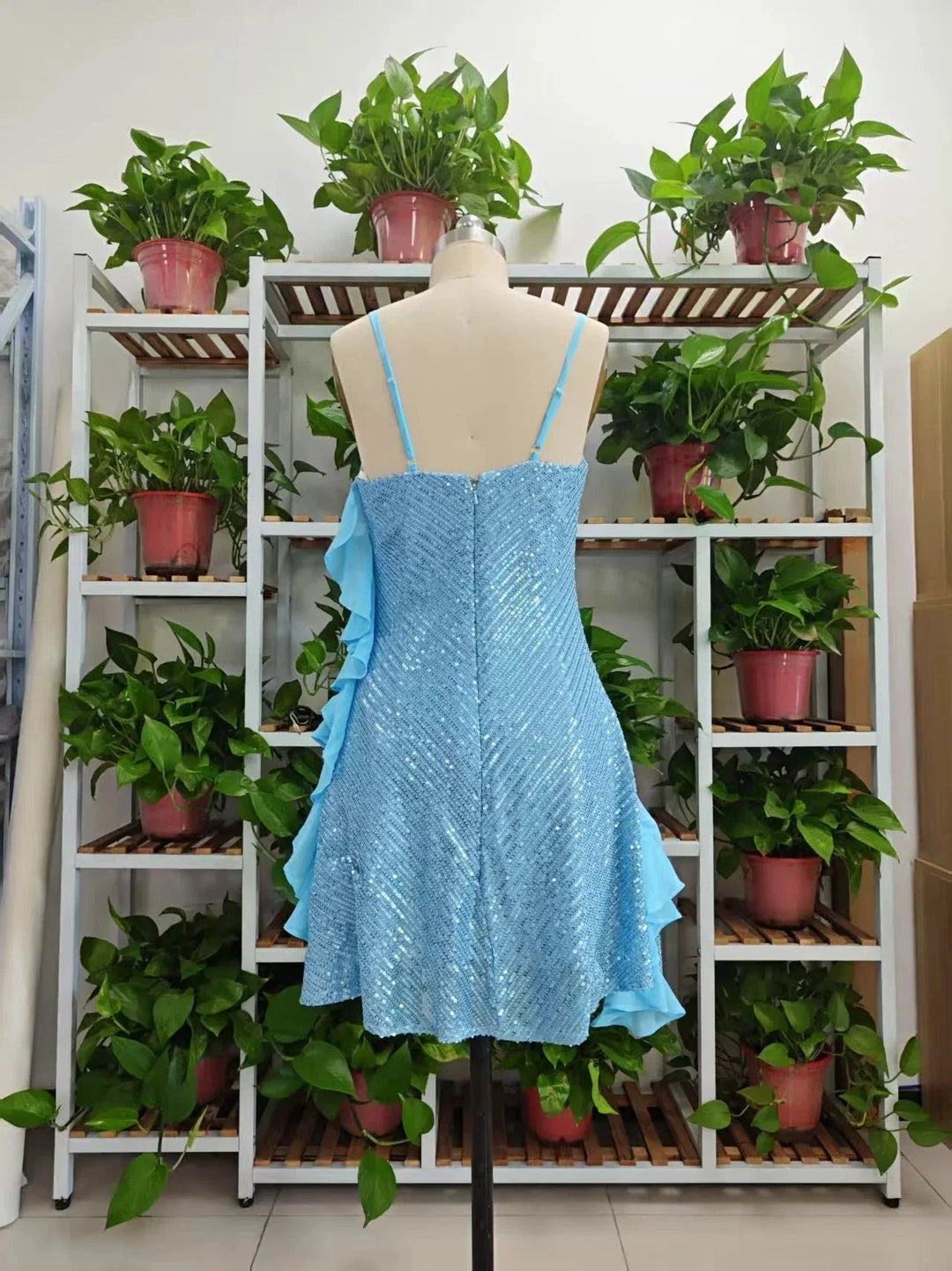Beautiful Blue Straps Sequins Chiffon Ruffles Cocktail Dress Homecoming Dress Y8253 by simplepromdress