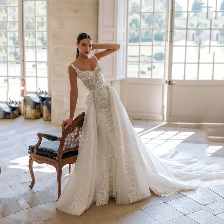 Exquisite Wedding Dress For Woman Square-Neck A-Line Lace Appliques Sequins Bride Gowns Tulle Sweep Train Vestido Custom by payinti