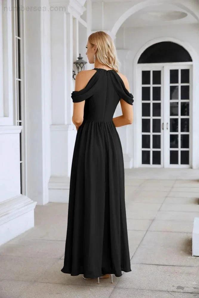 Ladies Chiffon Off Shoulder Swing Sleeve Front Slit Bridesmaid Evening Dress Wedding Party Evening Dress 28117 by numbersea