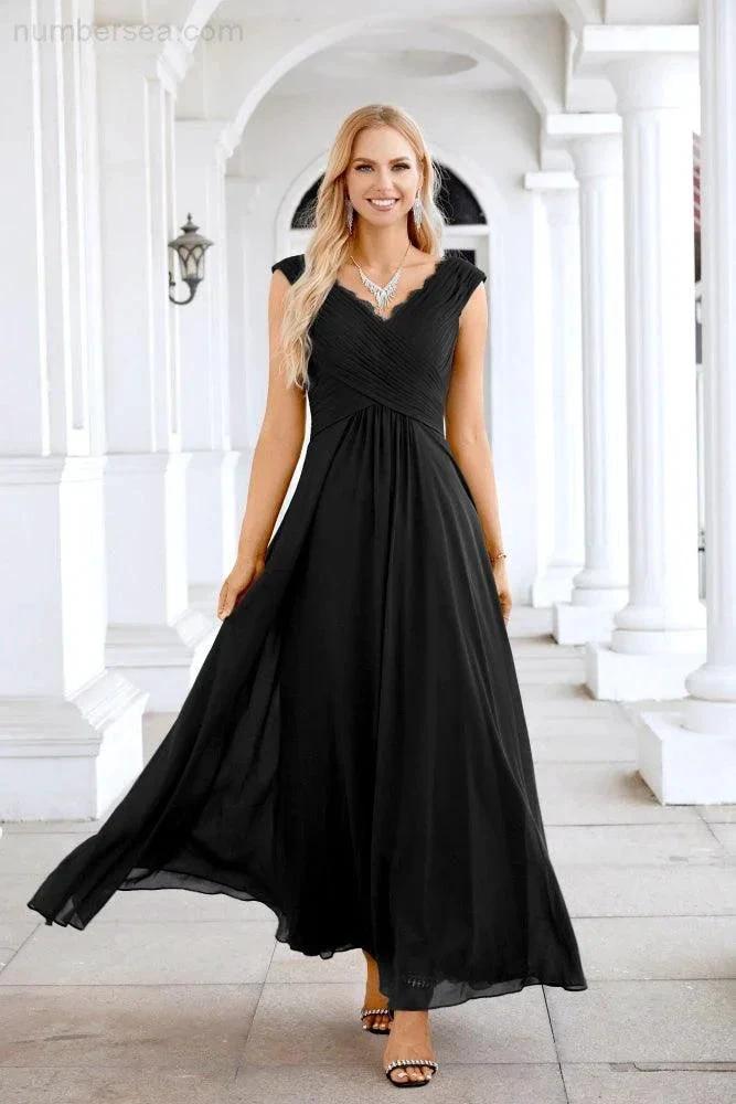 Ladies Chiffon V Neck Sleeveless Floor Length Bridesmaid Evening Dress Wedding Party Evening Dress 28126 by numbersea