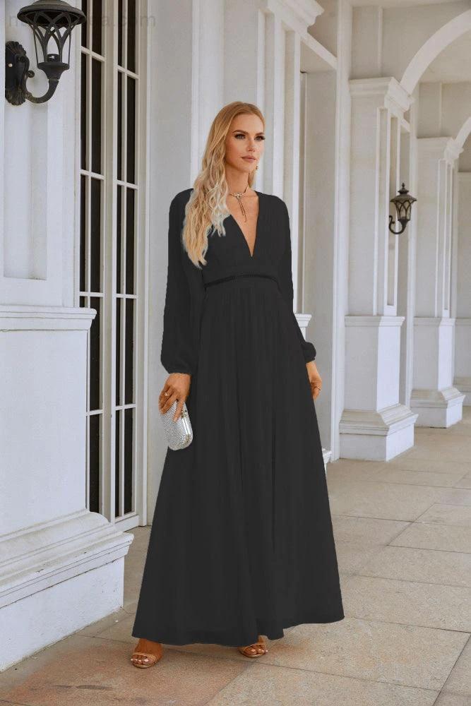Ladies V Neck Chiffon Long Sleeve Front Slit Bridesmaid Evening Dress Wedding Party Shopping Evening Dress 28109 by numbersea