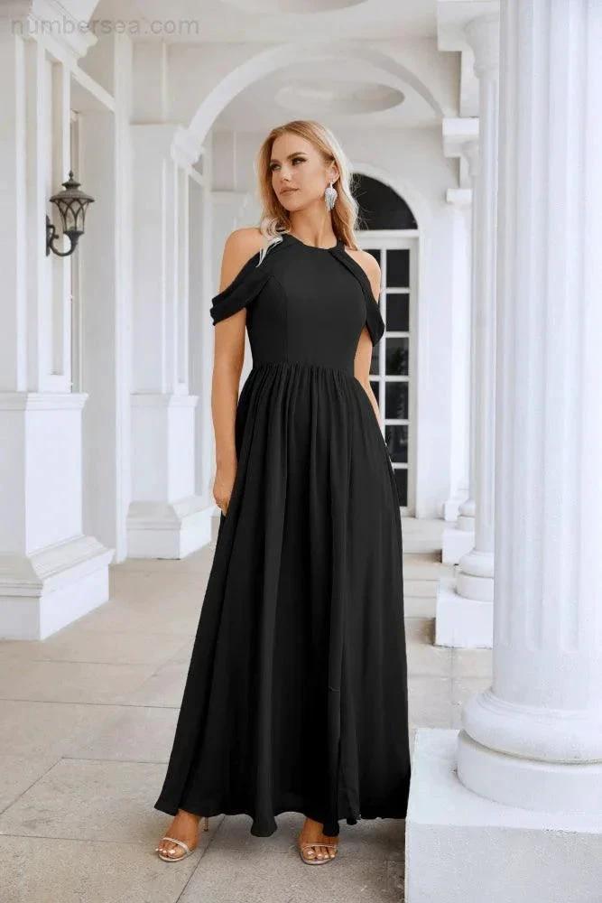 Vestido de noite para madrinhas em chiffon para senhora, com ombros descobertos, mangas largas e racha frontal, para festa de casamento 28117