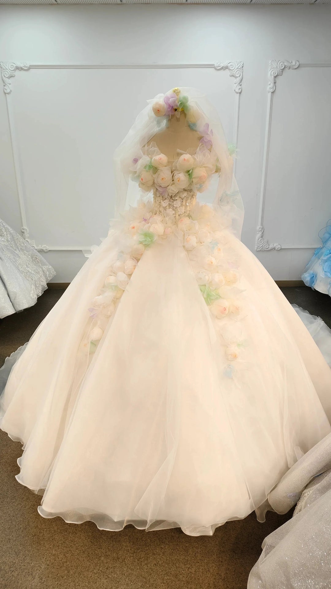 Whimsical Sweetheart Ball Gown Wedding Dress with 3D Pastel Florals &amp; Sheer Tulle Train Ye-2039 by ZAPDRESS