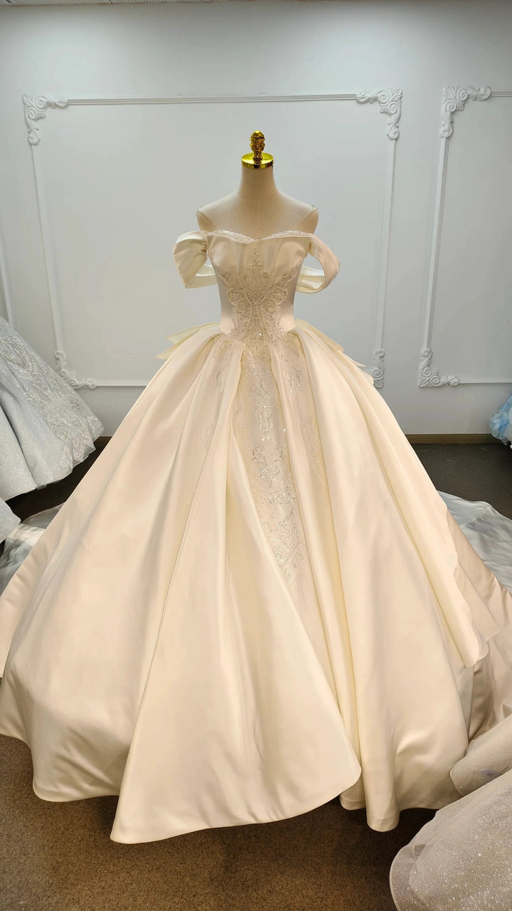 Ivory Lustre Off-Shoulder Ballgown Pearl-Embroidered Bodice &amp; Cathedral Satin Train by ZAPDRESS