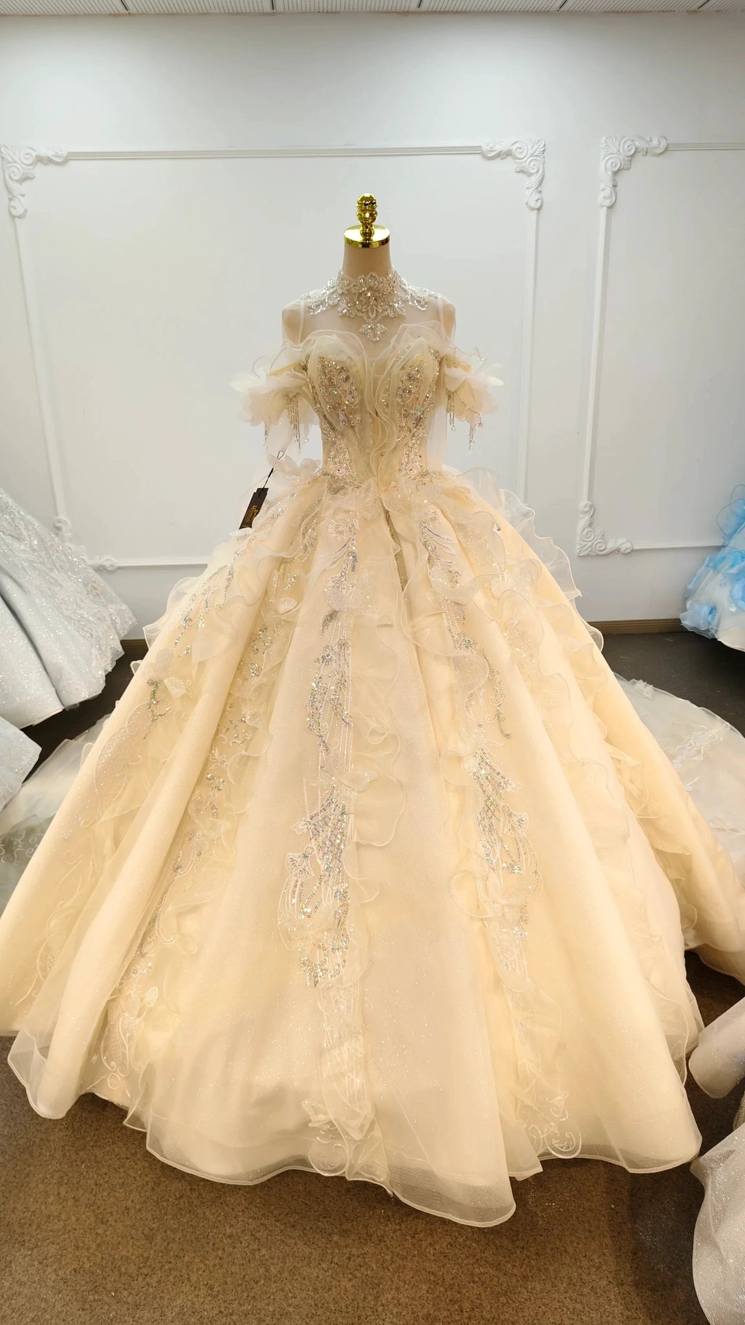 Cream Shimmer Off-Shoulder Ballgown Crystal-Embroidered Skirt &amp; Fringed Collar by ZAPDRESS