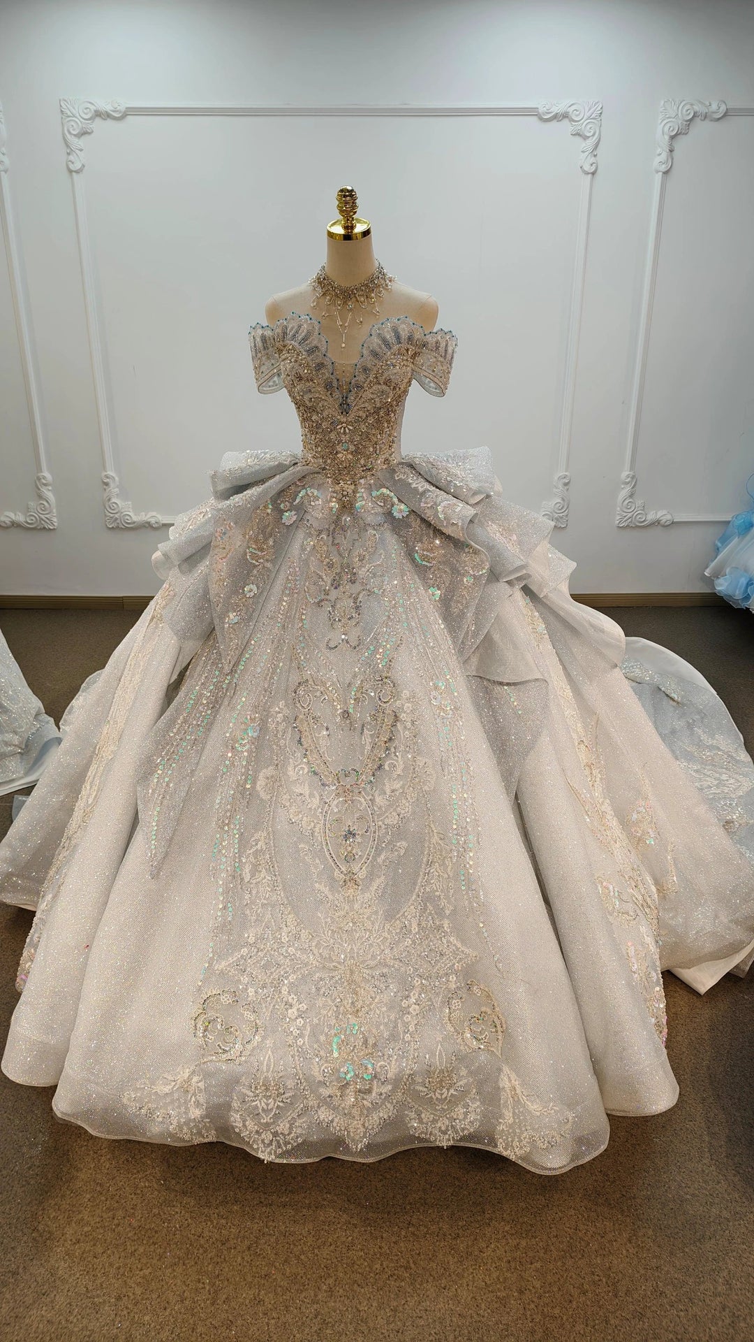 Gorgeous Silver Sequin Off-the-Shoulder Ball Gown Wedding Dress with Crystal Embroidery &amp; Giant Bow Train Ye-2020 by ZAPDRESS