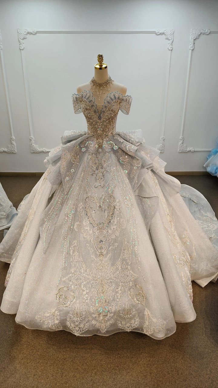 Gorgeous Silver Sequin Off-the-Shoulder Ball Gown Wedding Dress with Crystal Embroidery &amp; Giant Bow Train Ye-2020 by ZAPDRESS