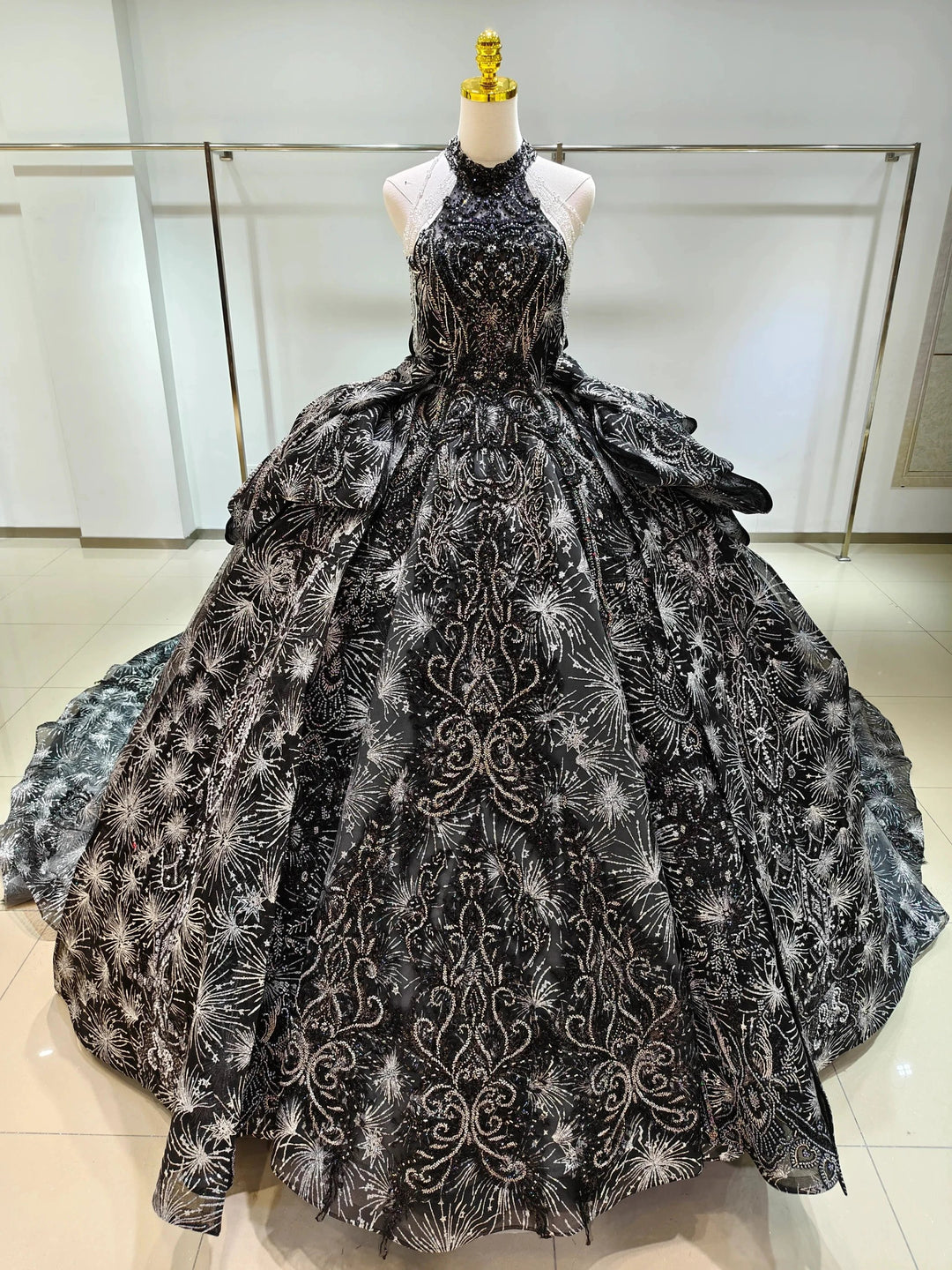 Dramatic Black Halter-Neck Ball Gown Wedding Dress with Firework Sequin Embroidery &amp; Beaded Tassels Ye-2035 by ZAPDRESS