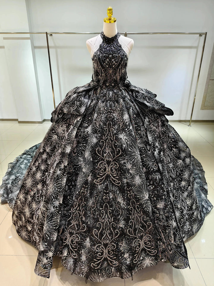 Dramatic Black Halter-Neck Ball Gown Wedding Dress with Firework Sequin Embroidery &amp; Beaded Tassels Ye-2035 by ZAPDRESS