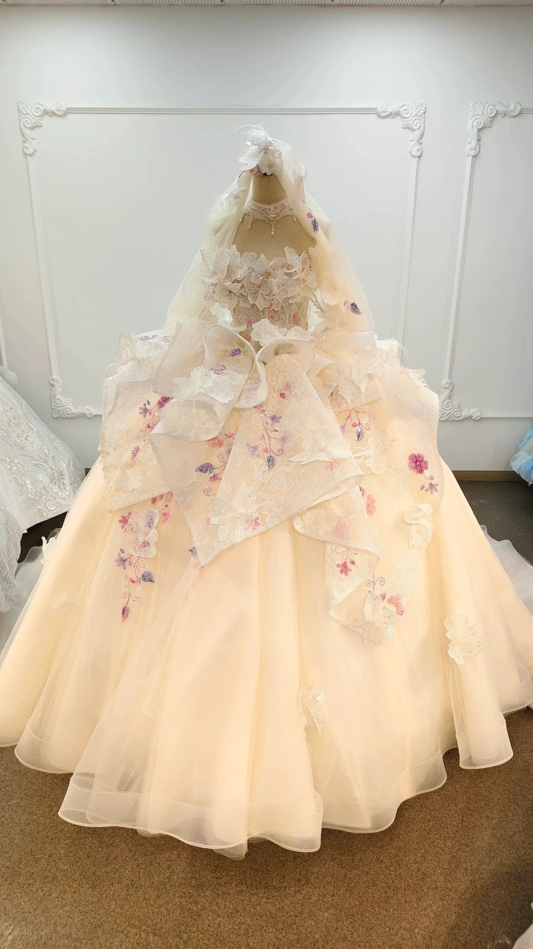 Blush Floral Strapless Ballgown Embroidered Skirt &amp; Tulle Cape by ZAPDRESS