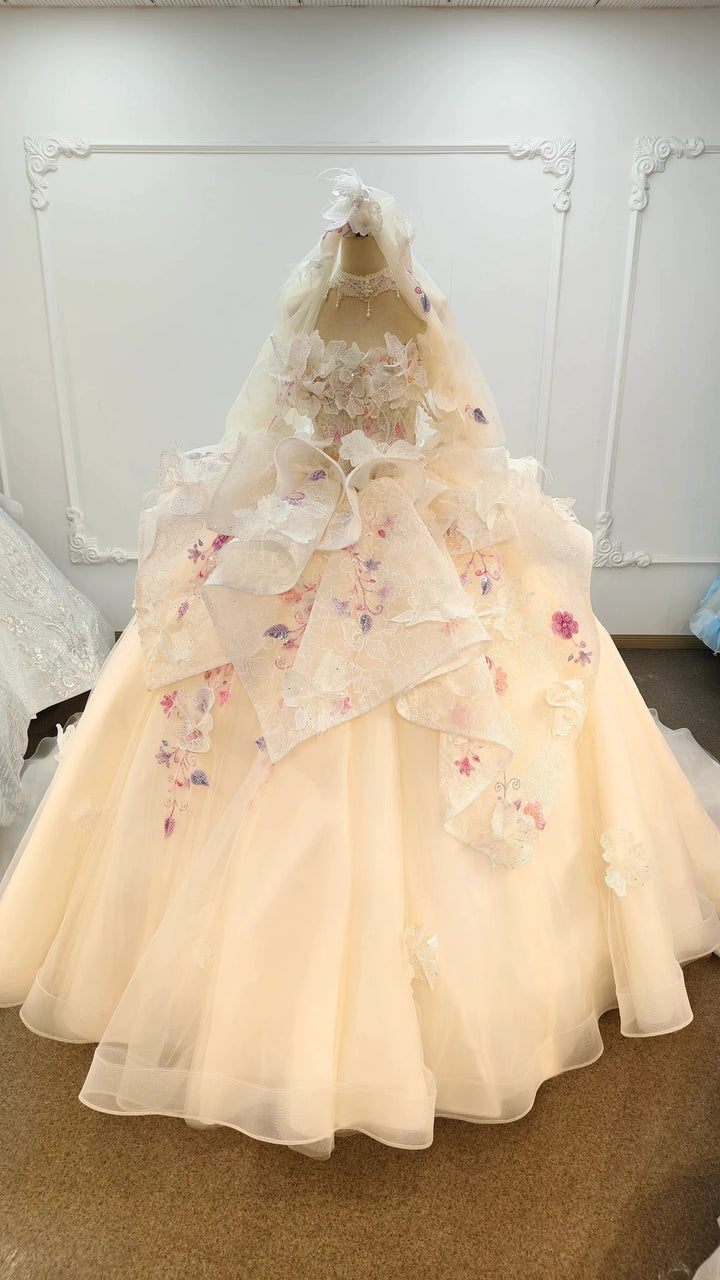 Blush Floral Strapless Ballgown Embroidered Skirt &amp; Tulle Cape by ZAPDRESS