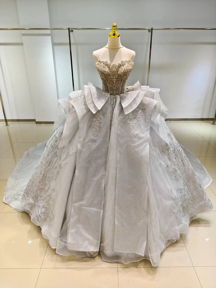 Silver Haze Strapless Ballgown: Gilded Beaded Bust &amp; Ruffled Train by ZAPDRESS