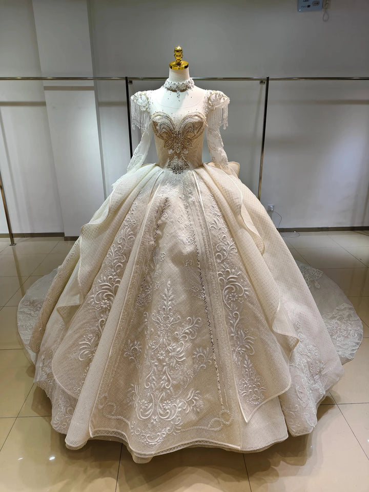 Ivory Gilded Butterfly Ballgown Crystal-Embroidered Bust &amp; Fringed Collar by ZAPDRESS
