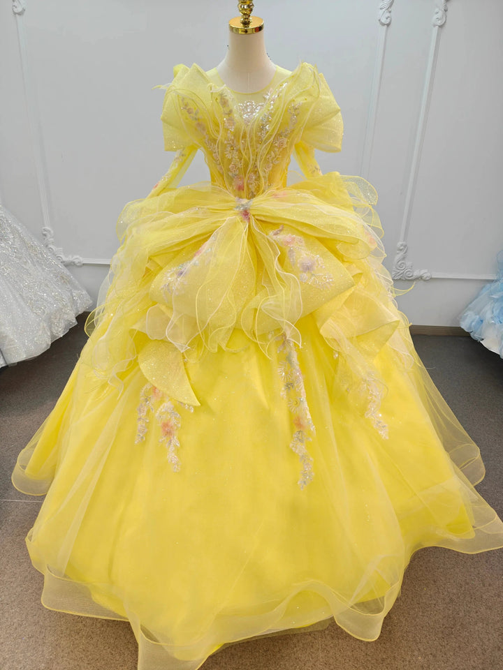 Vibrant Yellow High-Neck Ball Gown Wedding Dress with Ruffled Tulle, 3D Floral Embroidery &amp; Corset Back Ye-2031 by ZAPDRESS