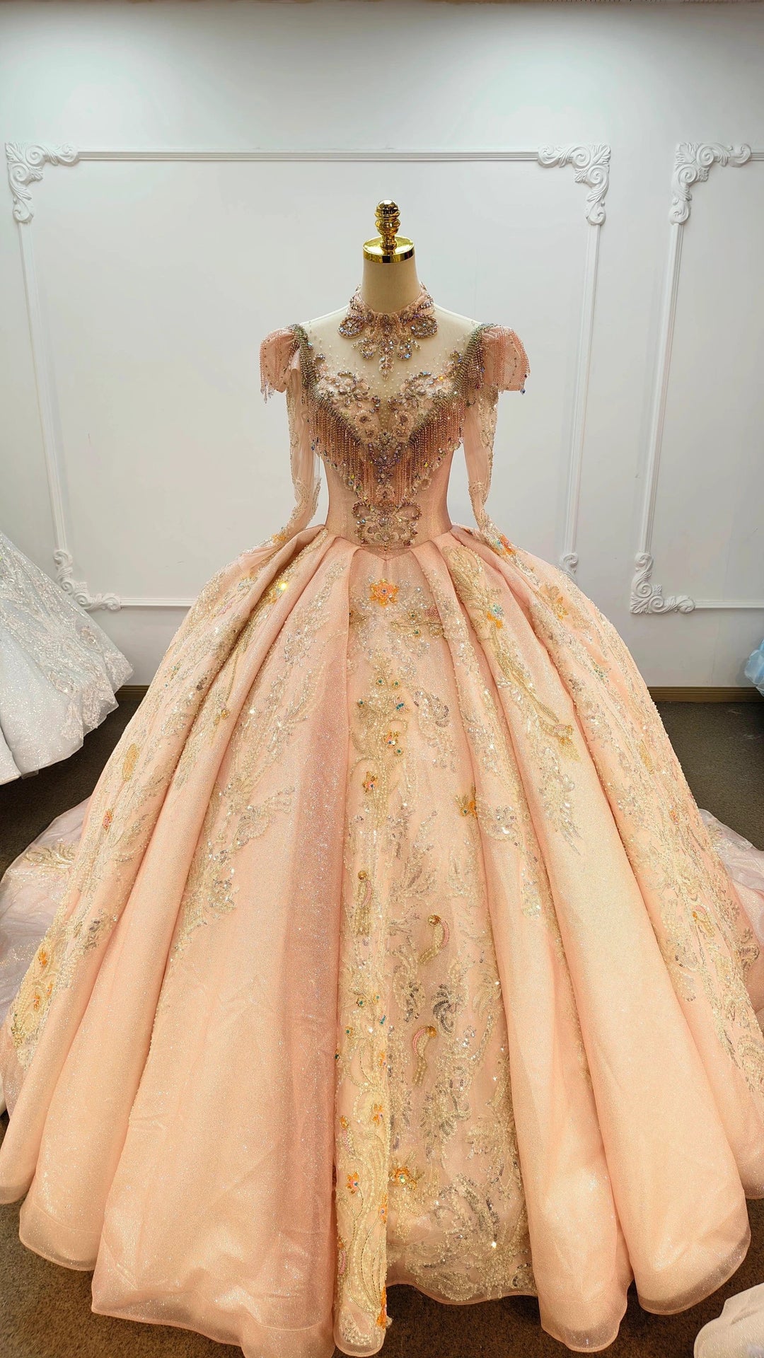 Lavish Blush Pink High-Neck Ball Gown Wedding Dress with Beaded Fringe &amp; 3D Floral Embroidery Ye-2026 by ZAPDRESS