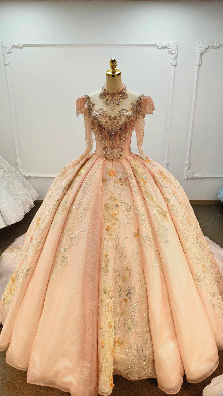 Lavish Blush Pink High-Neck Ball Gown Wedding Dress with Beaded Fringe &amp; 3D Floral Embroidery Ye-2026 by ZAPDRESS