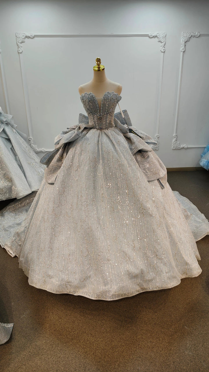 Dreamy Light Blue Sweetheart Ball Gown Wedding Dress with Sequin Tulle, Pearl Beading &amp; Oversized Bow Ye-2029 by ZAPDRESS