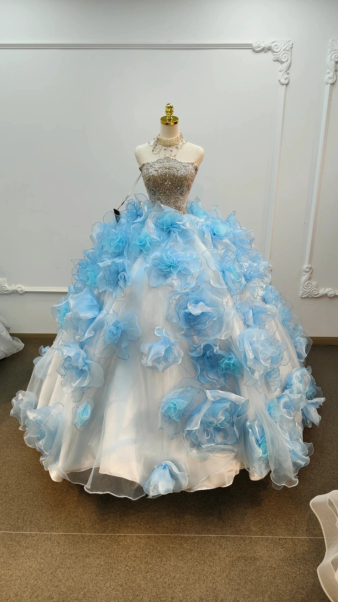 Enchanting Light Blue Strapless Ball Gown Wedding Dress with Crystal Beaded Bodice &amp; 3D Organza Flowers Ye-2024 by ZAPDRESS