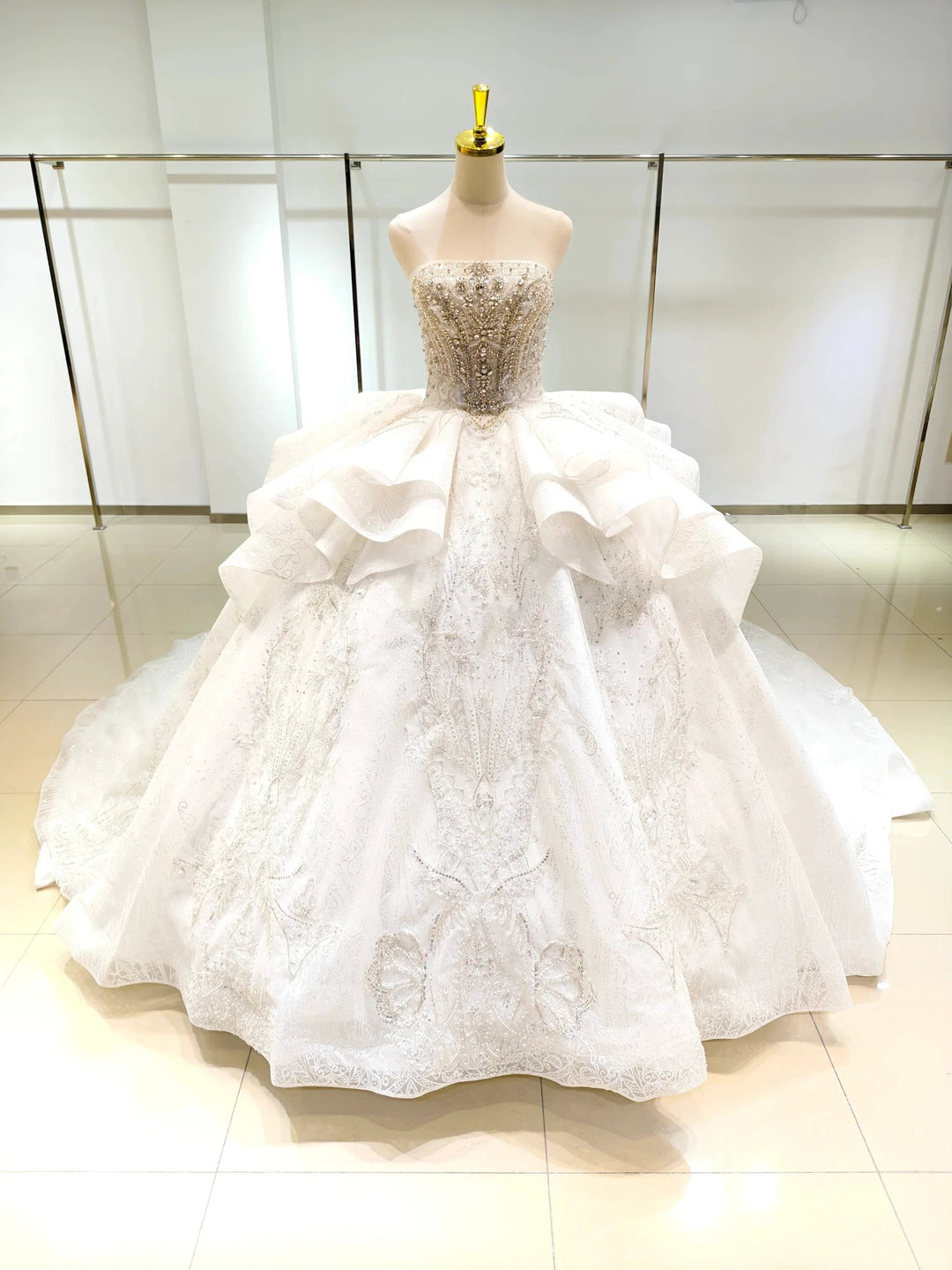 White Gleam Strapless Ballgown Beaded Bust &amp; Ruffled Train by ZAPDRESS