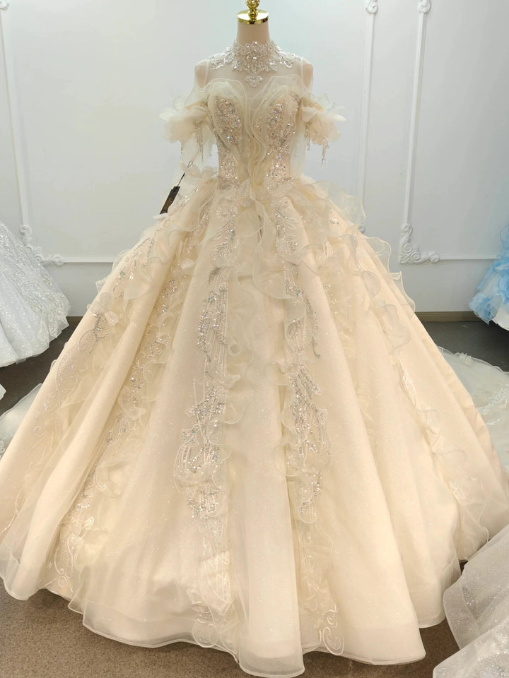 Exquisite High-Neck Tulle Ball Gown Wedding Dress with Crystal Embroidery &amp; Ruffled Detachable Sleeves Ye-2022 by ZAPDRESS